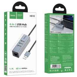 Adaptador USB Hoco HB1D Hub USB-A a 3x USB 2.0 y RJ45 10/100