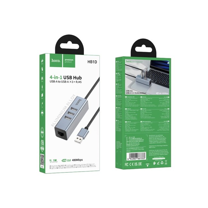 Adaptador USB Hoco HB1D Hub USB-A a 3x USB 2.0 y RJ45 10/100