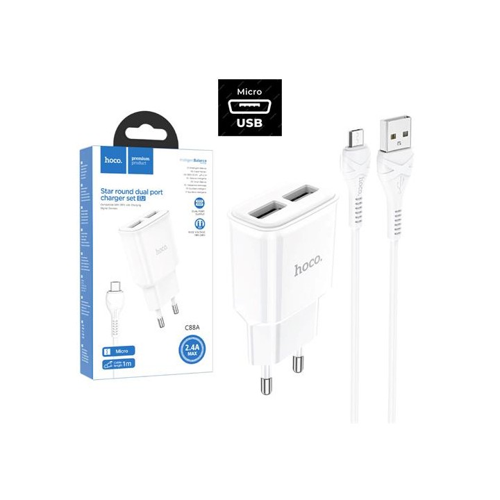 Hoco C88A Cargador Star Round Dual Port + Cable Micro White
