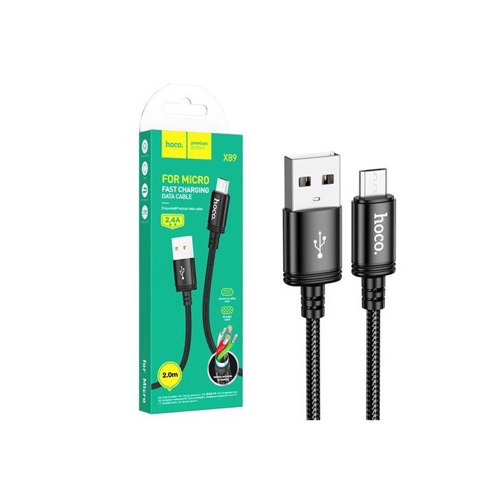 Cable USB a Micro 2 metros 2.4 Amp Hoco X89 Reforzado Negro