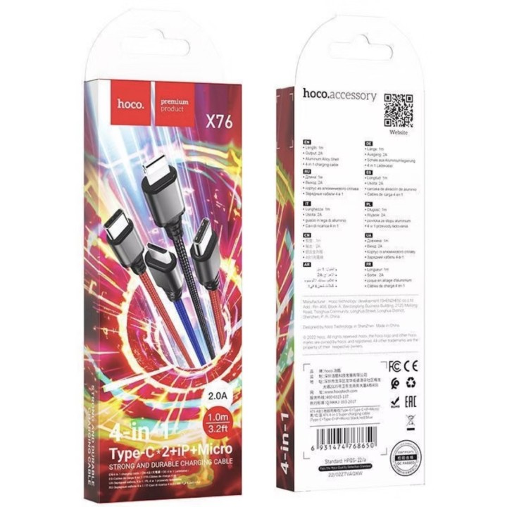 Cable USB Multiple a USB-C x 2, Lightning y Micro 4-1 Hoco X76 Negro, Rojo Azul