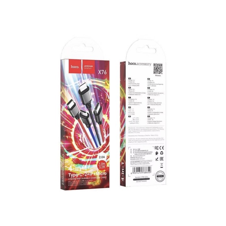 Cable USB Multiple a USB-C x 2, Lightning y Micro 4-1 Hoco X76 Negro, Rojo Azul