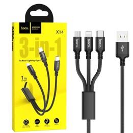 Cable USB Multiple Hoco Cable X14 3 in 1 Super Charging Cable (Ip+Type-c+Micro) Black
