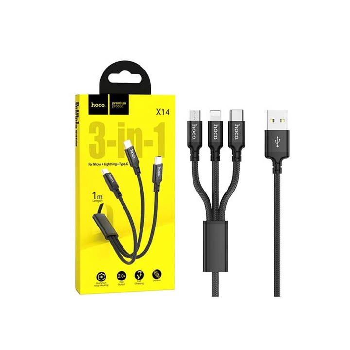Cable USB Multiple Hoco Cable X14 3 in 1 Super Charging Cable (Ip+Type-c+Micro) Black