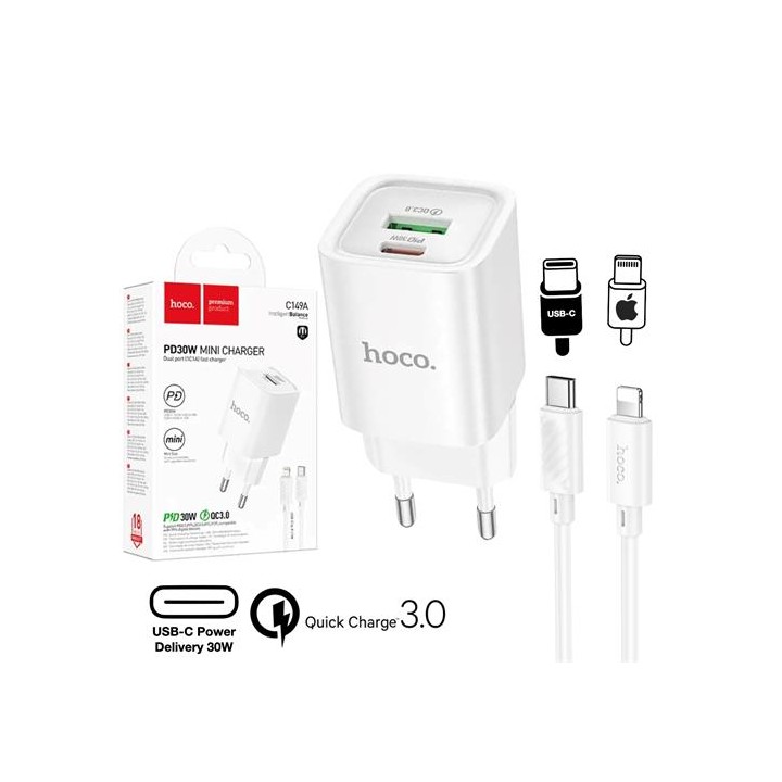 Hoco C149A Cargador Cham PD30W+QC3.0 Type-C to Lightning White