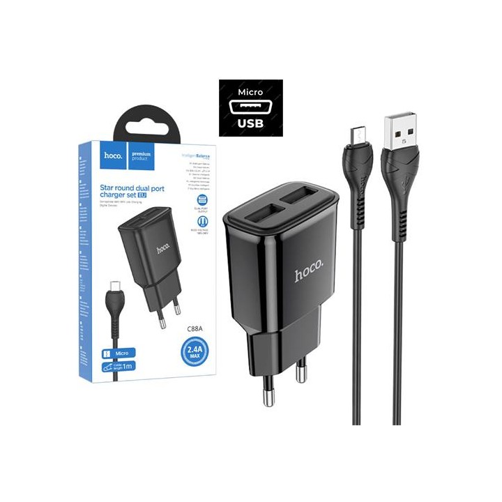 Hoco C88A Cargador Star Round Dual Port + Cable Micro USB Black
