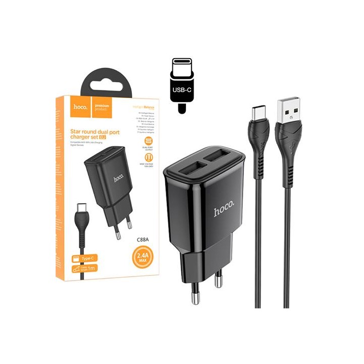 Hoco C88A Cargador Star Round Dual Port + Cable USB-C Negro