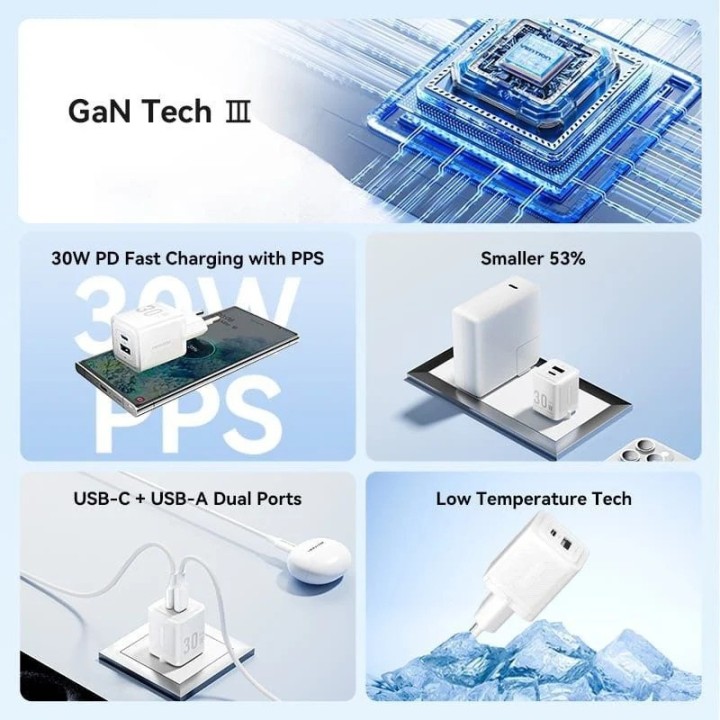 CARGADOR DE PARED VENTION GAN USB-C + USB-A 30W BLACK + CABLE UCB-C 1M BLACK