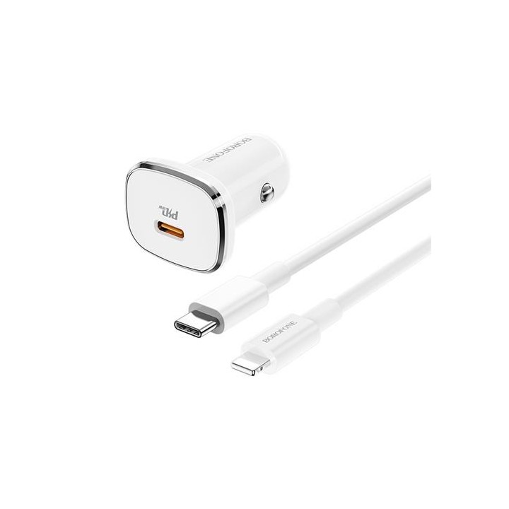 Cargador Coche USB-C 18W+ Cable USB-C- a Lightning Borofone BZ12B Blanco