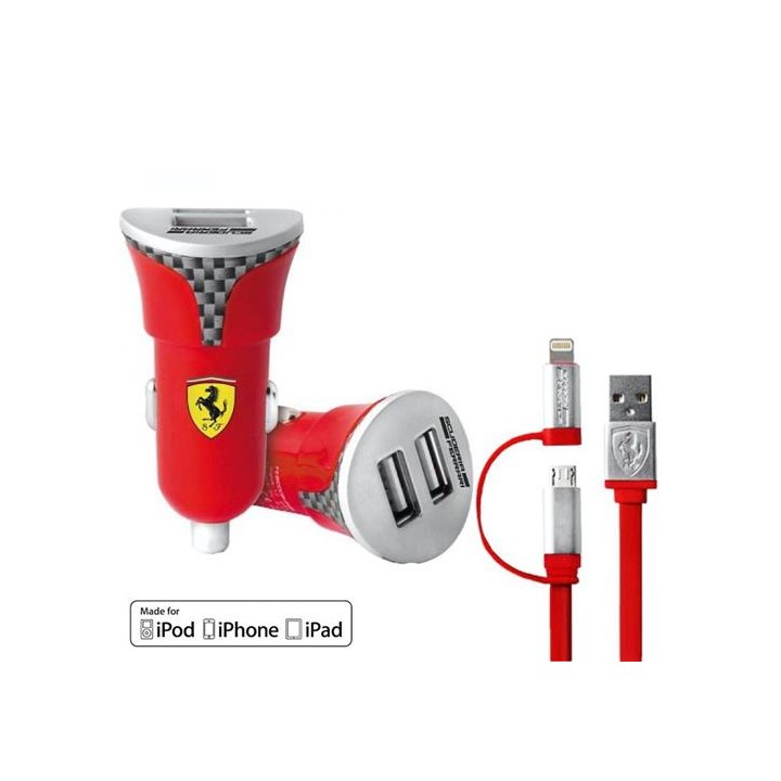 Cargador Coche USB 12-24v 2.4Amp + Lightning Ferrari FEBCCCBUNRE Rojo