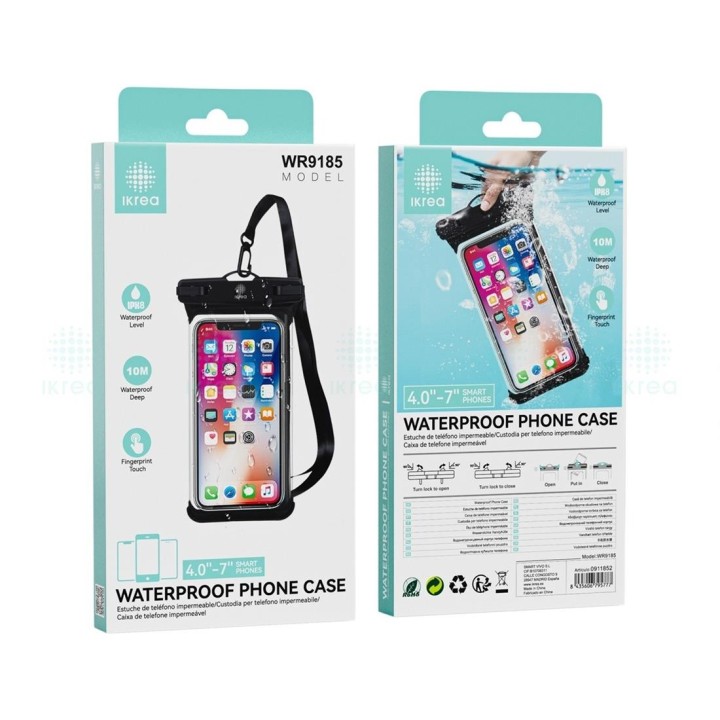 Ikrea WR9185 Funda Con Correa Impermeable para Móvil 4" a 7" IPX8 Negra