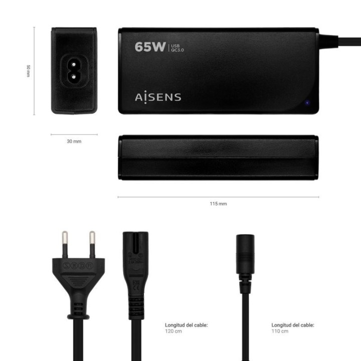 CARGADOR PORTATIL AISENS 65W AUTOMATICO + 9 CONECTORES + USB-A