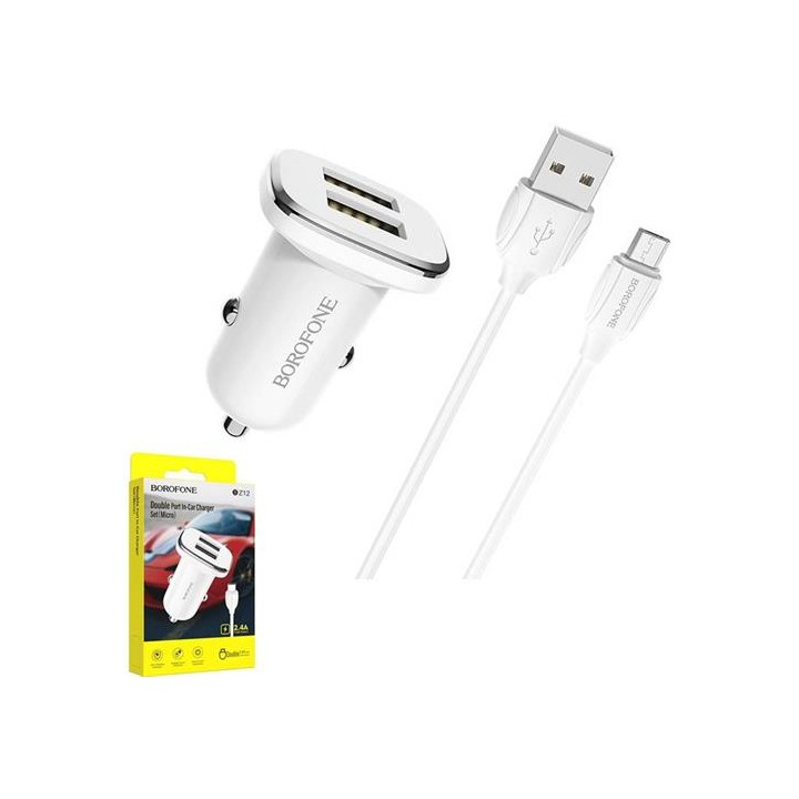 Cargador Coche USB 2.4Amp+ Cable USB a Micro BOROFONE BZ12 Blanco