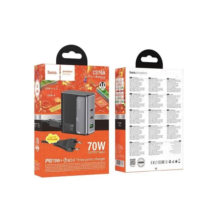 Cargador USB-A y USB-C Hoco CS76A PD70W Negro