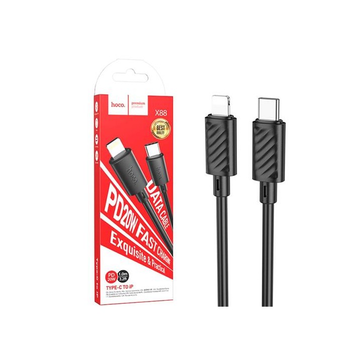 Cable USB-C a LIGHTNING 20W 1 metro 3 amp Hoco X88 Negro