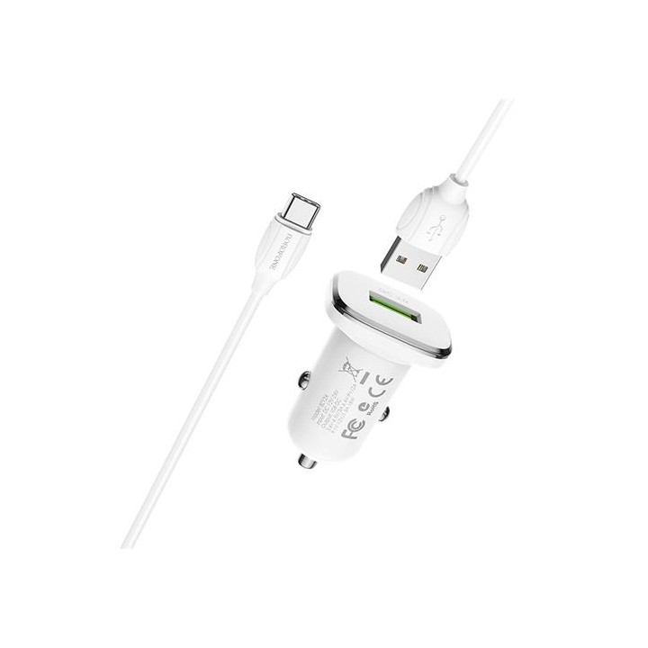 Cargador Coche USB 2.4Amp+ Cable USB a USB-C Borofone BZ12A Blanco