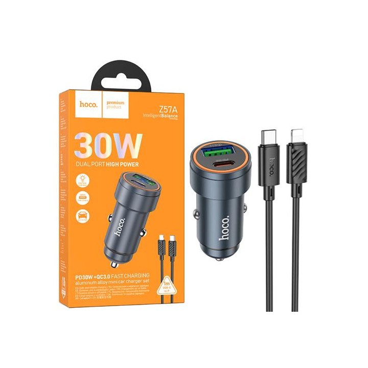 Cargador de Coche Set Hoco Z57A PD30W + QC3.0 + Cable Lightning