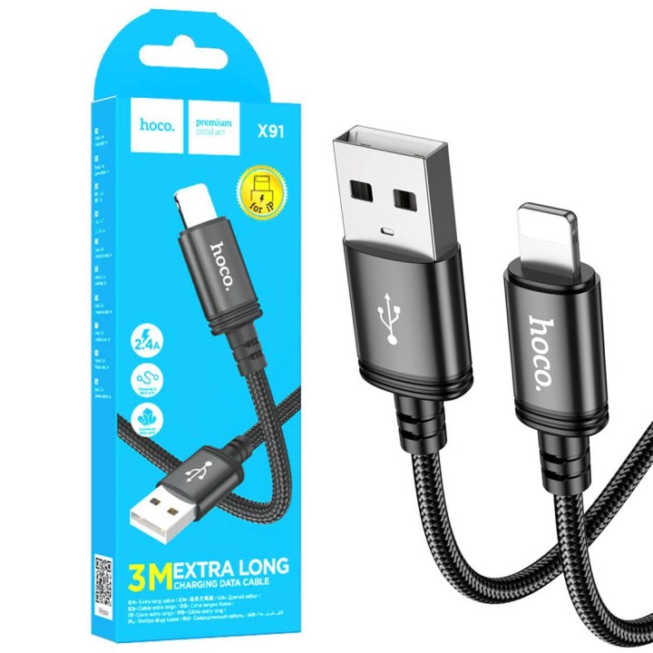 Cable USB-A a Lightning 3 metros 2.4A Hoco X91 Negro