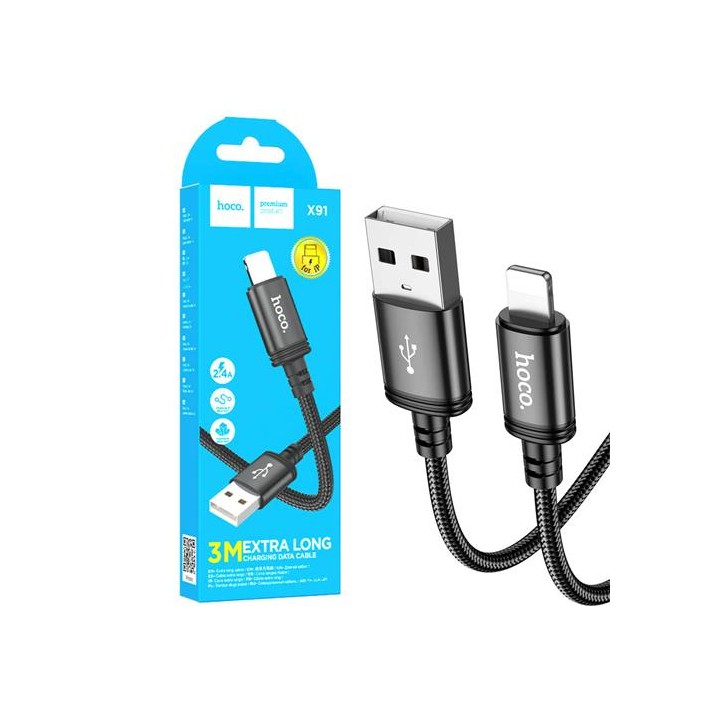 Cable USB-A a Lightning 3 metros 2.4A Hoco X91 Negro