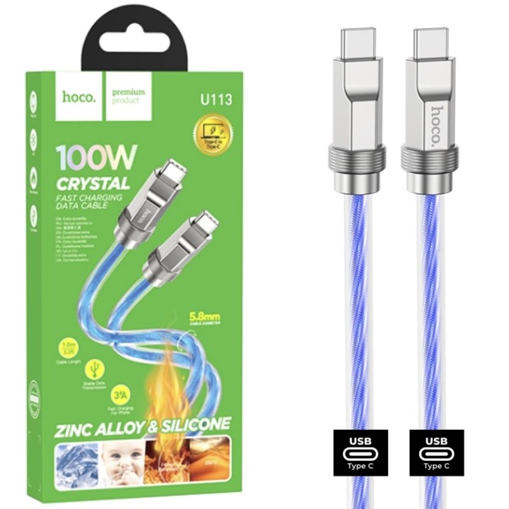 Cable USB-C a USB-C 1 metro 100W Hoco U113 Metálico Reforzado Azul
