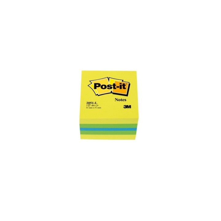 NOTAS ADHESIVAS POST-IT MINI CUBO 51 X 51 MM AMARILLO LIMON COMPUESTO POR LOS COLORES AMARILLO, VERDE Y AZUL. 400 HOJAS/ CUBO