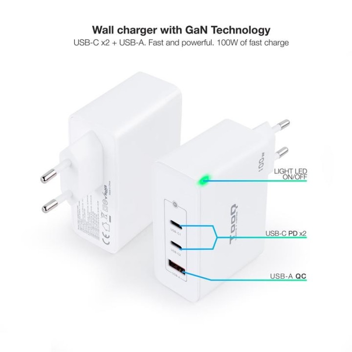 CARGADOR DE PARED TOOQ 100W USB-A/QC+ 2XUSB-C/PD WHITE