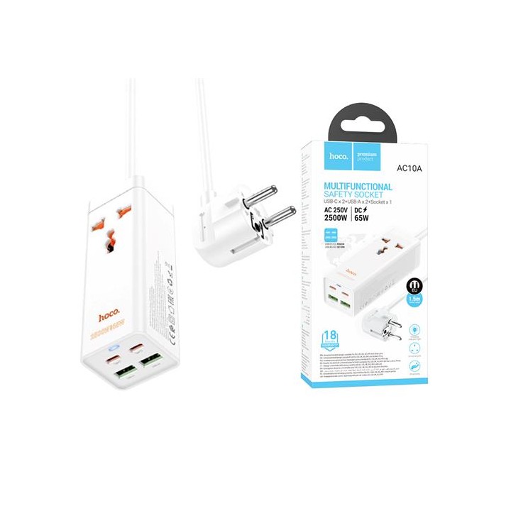Cargador USB y USB-C 65W entrada Multipaís Hoco AC10A Blanco