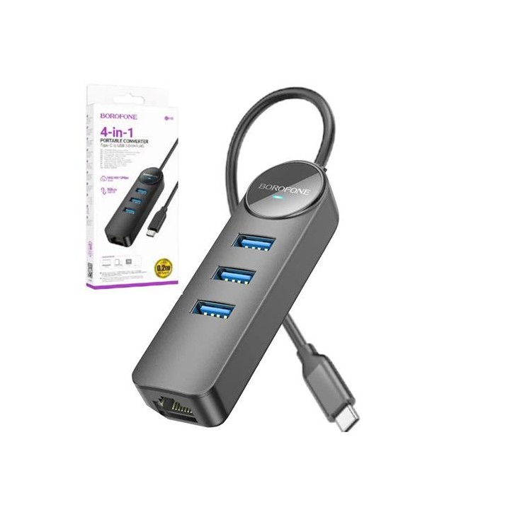 Borofone DH6 Hub USB-C con 3 puertos USB 3.0 y RJ45 1000/100