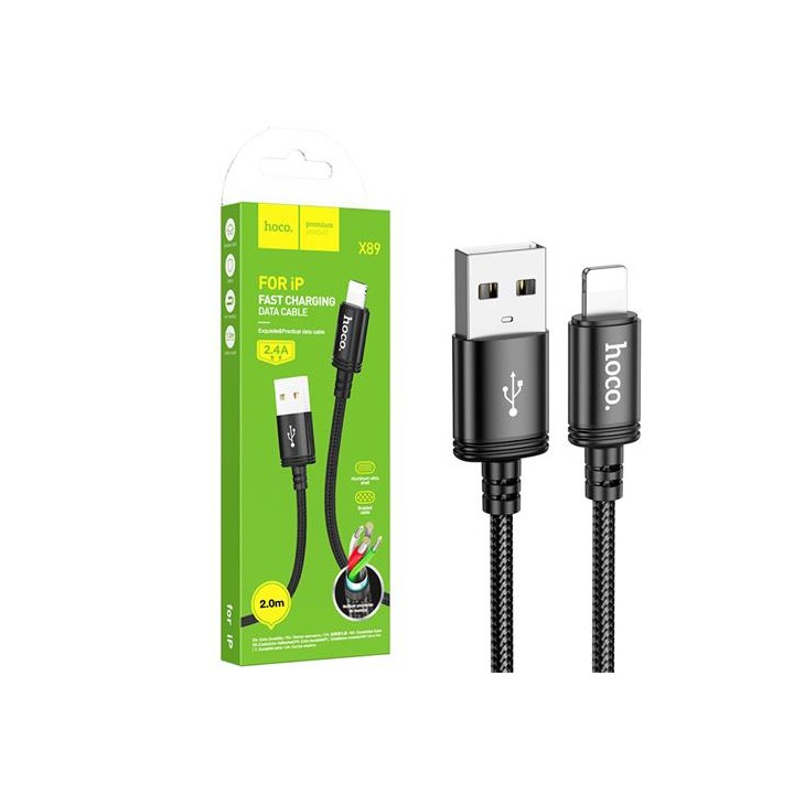 Cable USB a Lightning 2 metros 2.4 Amp Hoco X89 Reforzado Negro