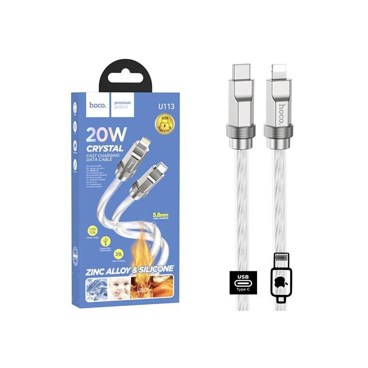 Cable USB-C a Lightning 1 metro 20W Hoco U113 Metálico Reforzado Plata