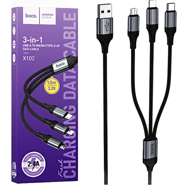 Cable USB-A a USB-C, Micro y LIghtning 3-1 Hoco X102 1 Metro Negro