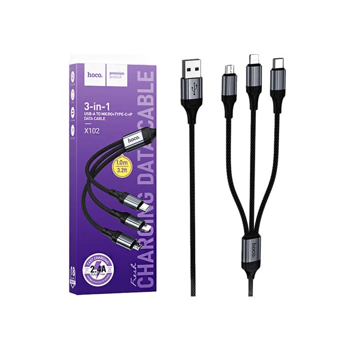 Cable USB-A a USB-C, Micro y LIghtning 3-1 Hoco X102 1 Metro Negro