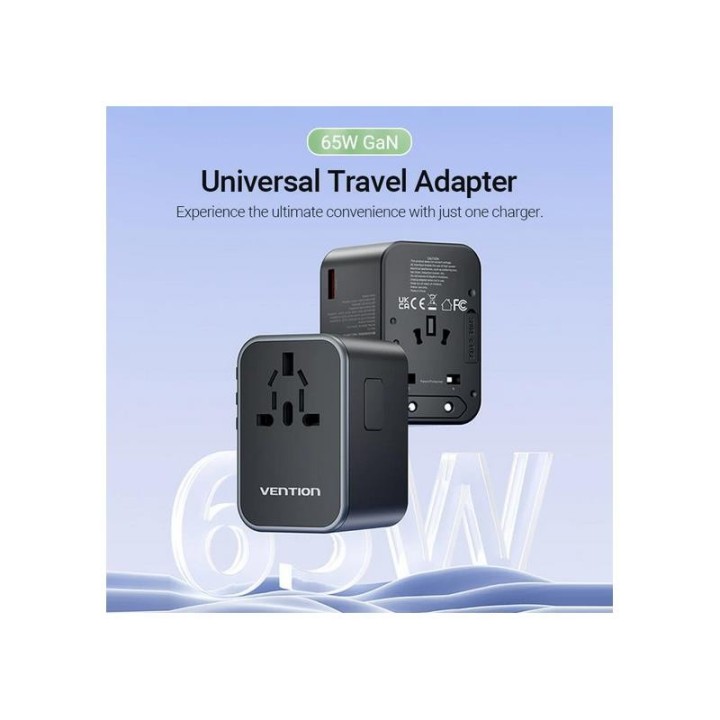 CARGADOR DE PARED VENTION UNIVERSAL GAN 2XUSB-C USB-A 65W