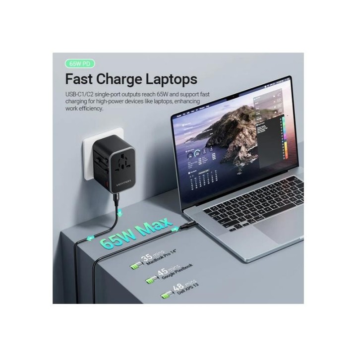 CARGADOR DE PARED VENTION UNIVERSAL GAN 2XUSB-C USB-A 65W