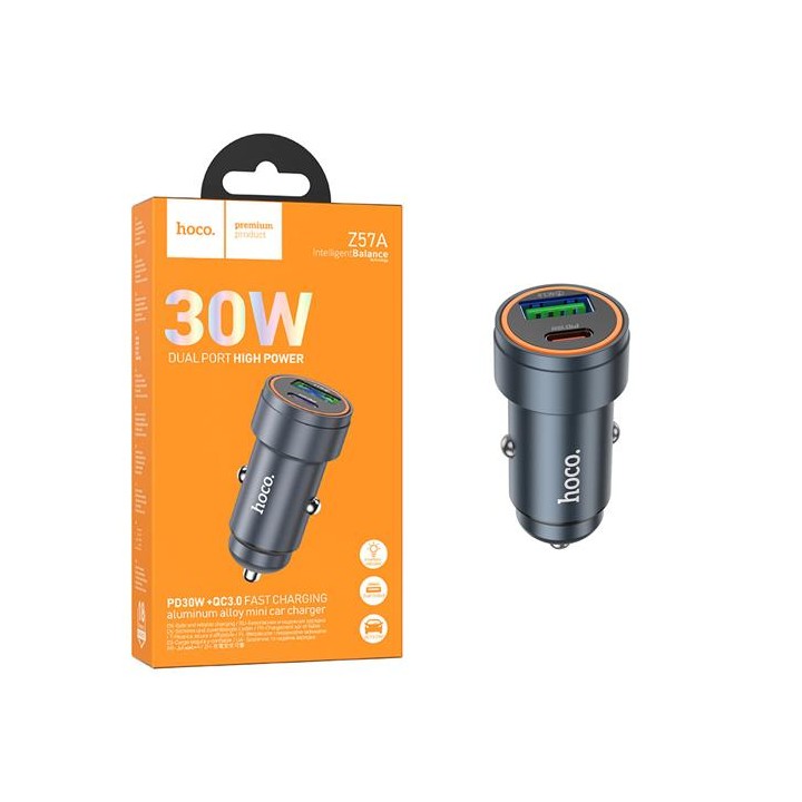 Cargador de Coche Hoco Z57A Glorious PD30W+QC3.0 Metal Gray
