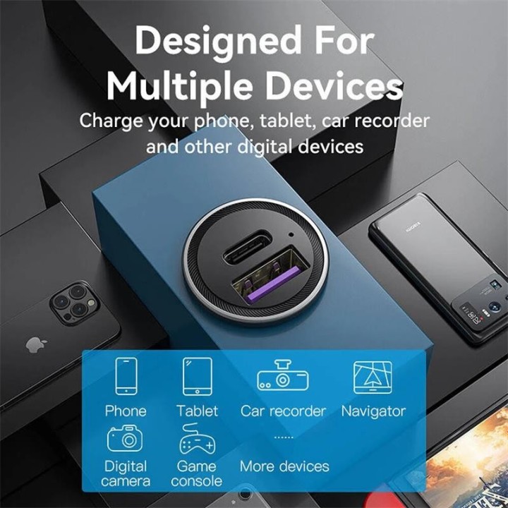 CARGADOR COCHE SMARTPHONE VENTION 30W USB-A USB-C SILVER
