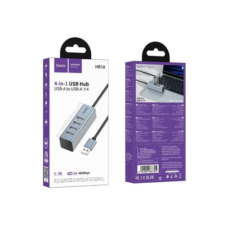 Adaptador USB Hoco HB1A Hub USB a 3x USB 2.0