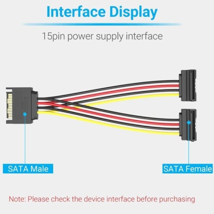 CABLE ALIMENTACION VENTION SATA/M - 2X SATA/H 15CM