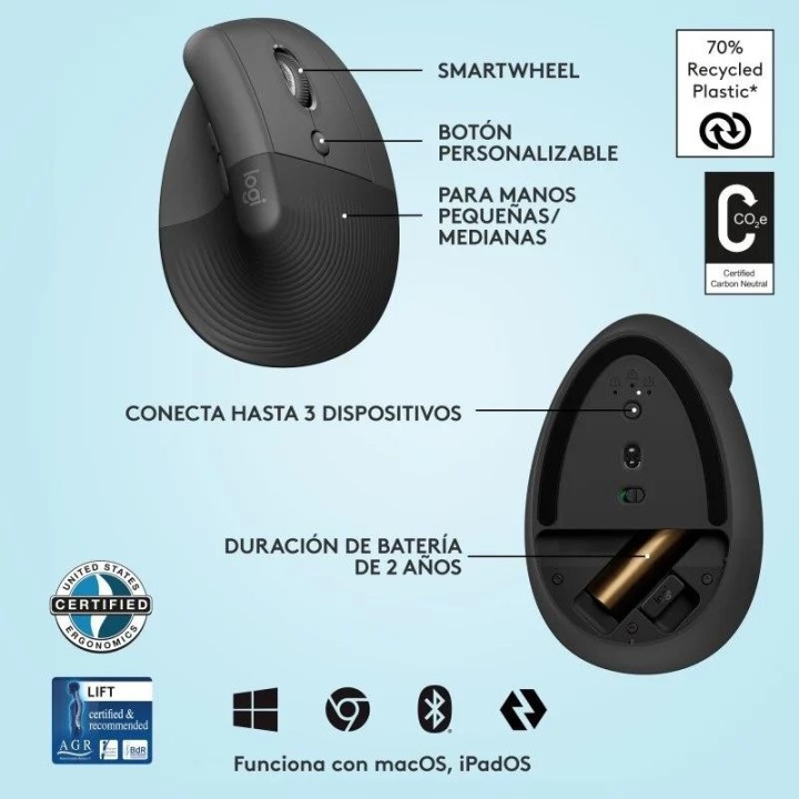 RATON LOGITECH LIFT VERTICAL WIRELESS ERGONOMIC 4000DPI 6 BOTONES BLACK