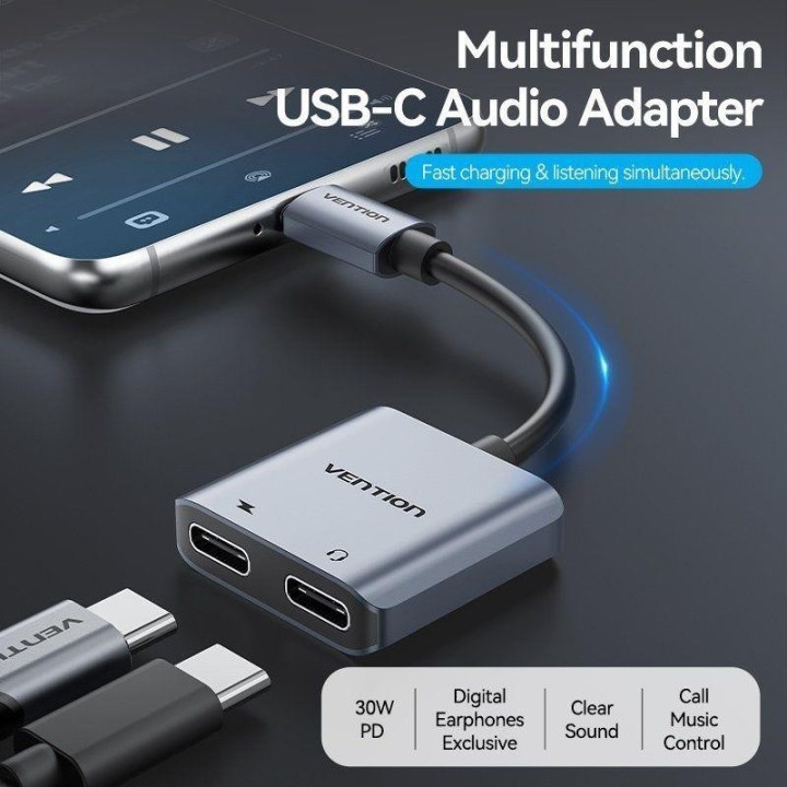 CABLE CONVERSOR VENTION USB-C/M - 2X USB-C/H AUDIO/CARGA GREY