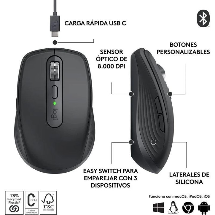 RATON LOGITECH MX ANYWHERE 3S WIRELESS BT 8000DPI 6 BOTONES BLACK