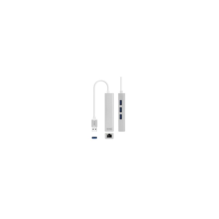 ADAPTADOR USB 3.0 A ETHERNET GIGABIT NANOCABLE 3XUSB 3.0 MACHO RJ45 HEMBRA 3XUSB 3.0 HEMBRA 15CM PLATA 10.03.0403