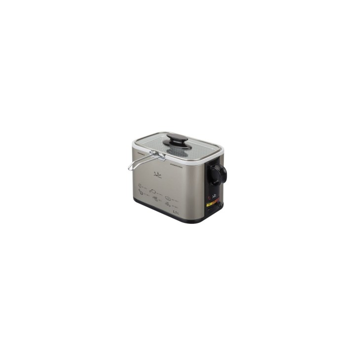 FREIDORA JATA 1000W CUBA 1.5L TAPA DE CRISTAL CON ASA TERMOSTATO REGULABLE INDICADOR LUMINOSO CUERPO INOX ANTIHUELLA FR326E