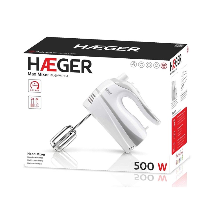 BATIDORA REPOSTERIA HAEGER MAX MIXER 500W 5 VELOCIDADES + TURBO 2 VARILLAS BATIDORAS 2 VARILLAS AMASADORAS BLANCO BL-5HW.011A