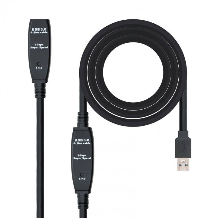 CABLE ALARGADOR NANOCABLE USB 3.0 CON AMPLIFICADOR CONECTORES TIPO A MACHO A TIPO A HEMBRA 15M NEGRO 10.01.0313