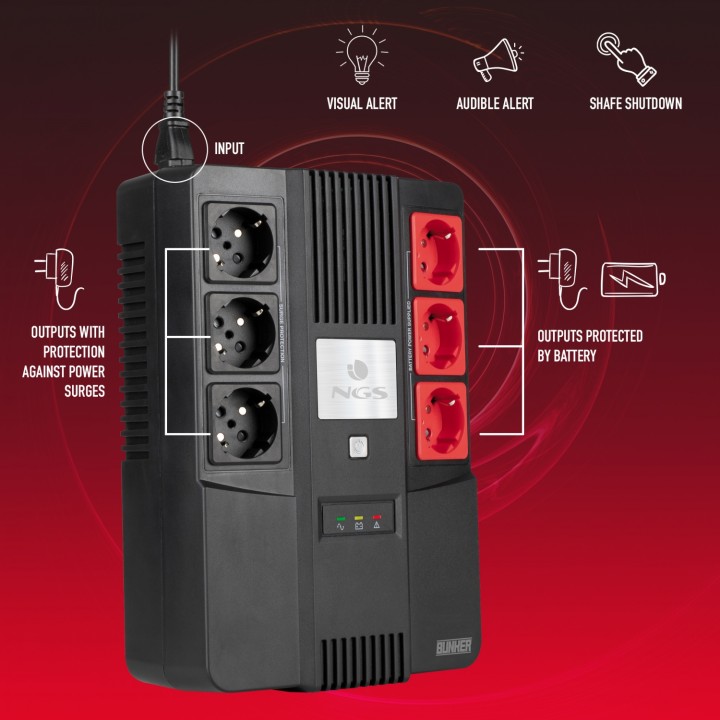 SAI OFFLINE NGS 600VA 360W PROTECCION SOBRECARGAS CORTOCIRCUITO 6XTOMAS SCHUKO AVR BACK BOOST NEGRO FORTRESSBUNKER