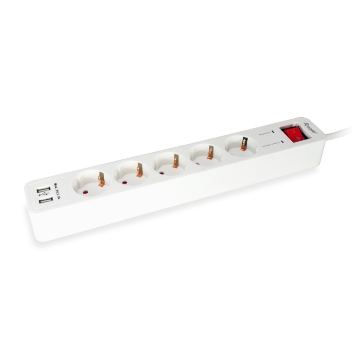 REGLETA EQUIP CON 5 TOMAS SCHUKO BOTON APAGADO Y ENCENDIDO CABLE DE RED DE 1.5 METROS + 2 PUERTOS USB BLANCO 245554