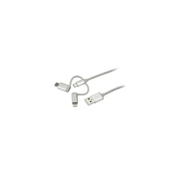 StarTech.com Cable Trenzado USB a Lightning USB-C y Micro USB - Cable Cargador para Teléfono Móvil iPhone iPad Tablet - 1m Plata