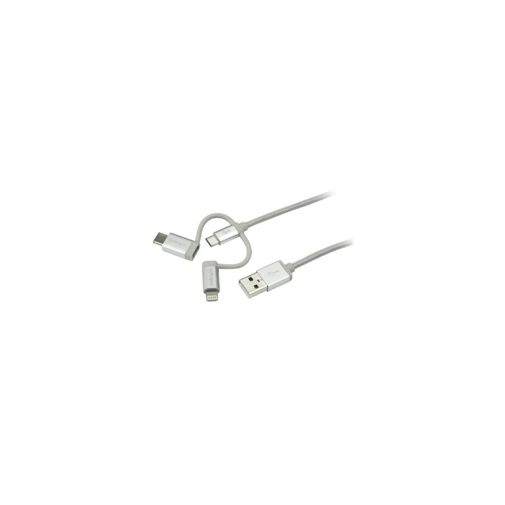 StarTech.com Cable Trenzado USB a Lightning USB-C y Micro USB - Cable Cargador para Teléfono Móvil iPhone iPad Tablet - 1m Plata