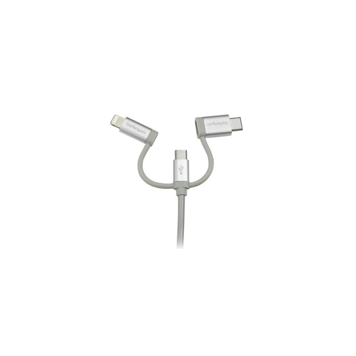 StarTech.com Cable Trenzado USB a Lightning USB-C y Micro USB - Cable Cargador para Teléfono Móvil iPhone iPad Tablet - 1m Plata